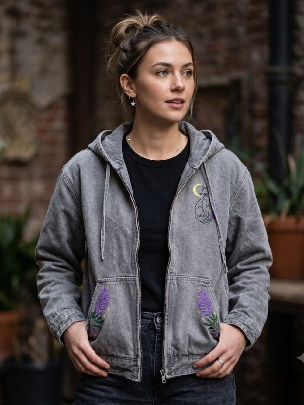 Upcycled Embroidered Celestial Black Cat Faded Gray Zip Hoodie Jacket. Womens S - Picture 2 of 9